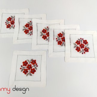 Set of 6 coasters hand-embroidered with red peach blossoms 10*10 cm